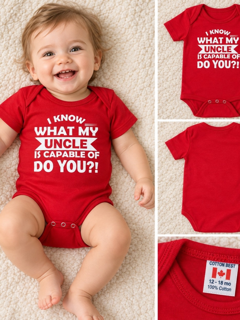 Funny Uncle Slogan Red Cotton Baby Onesie | 12–18 Months